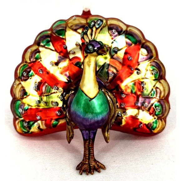 Unbranded Other - Peacock Christmas Ornament Multicolor Bird Hand Blown Glass 4" Wide Vintage